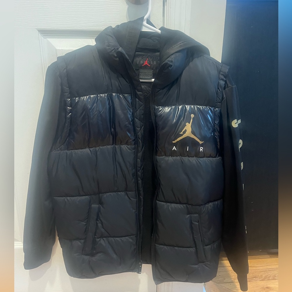 Big boys layered-look hooded jacket. Black with gold letters. Only worn twice.